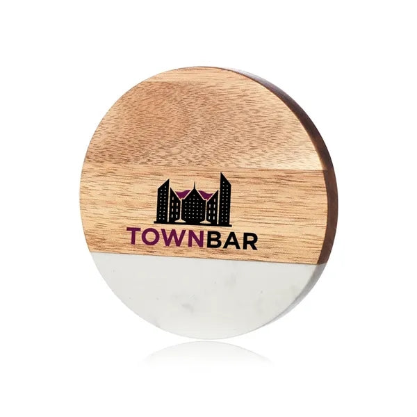 Round Marble and Wood Coasters with Bottle Opener