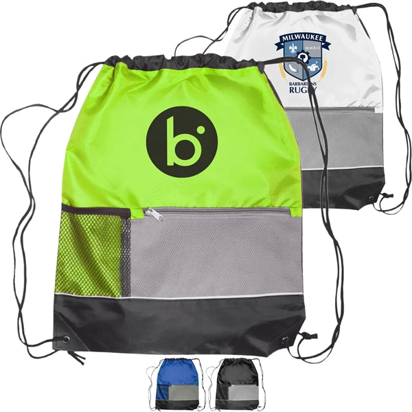 Tri Color Front Pocket Drawstring Backpacks w/ Custom logo