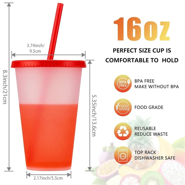 16oz Vibrant Color Changing Cup With Straw And Lid