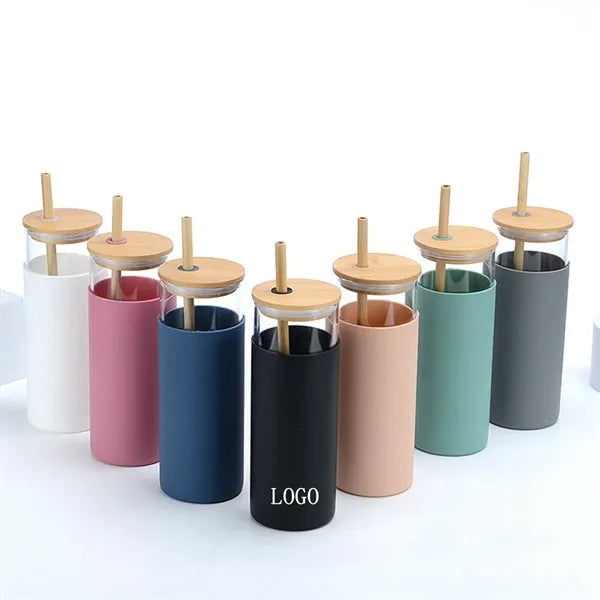 20oz Glass Tumbler With Bamboo Lid And Straw Silicone Sleeve