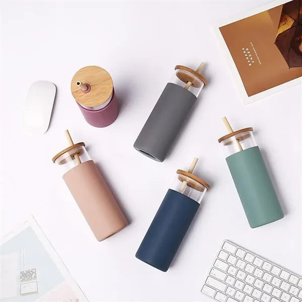 20oz Glass Tumbler With Bamboo Lid And Straw Silicone Sleeve