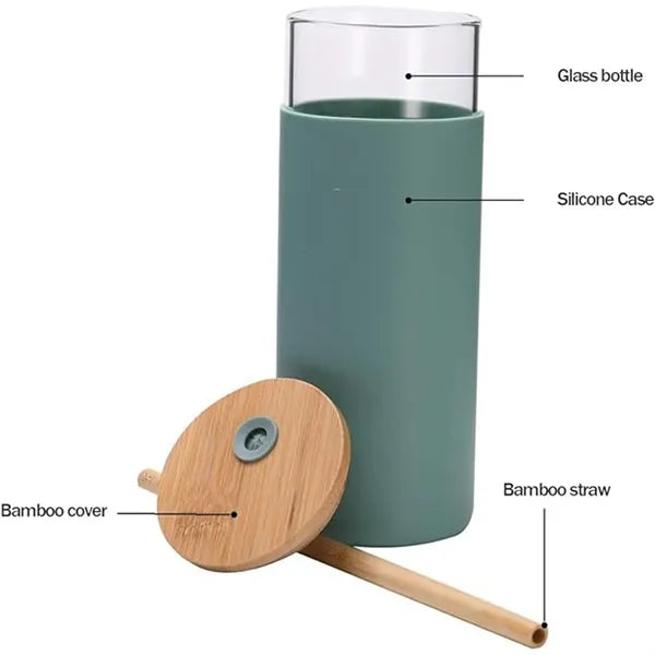 20oz Glass Tumbler With Bamboo Lid And Straw Silicone Sleeve