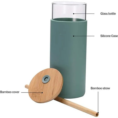 20oz Glass Tumbler With Bamboo Lid And Straw Silicone Sleeve