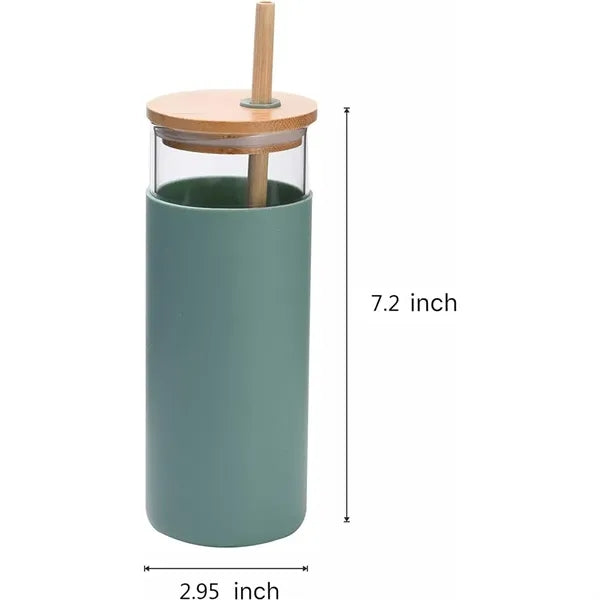 20oz Glass Tumbler With Bamboo Lid And Straw Silicone Sleeve