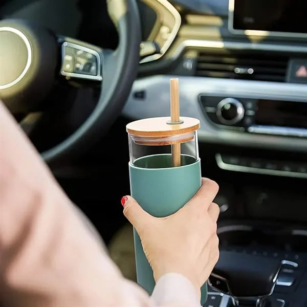 20oz Glass Tumbler With Bamboo Lid And Straw Silicone Sleeve