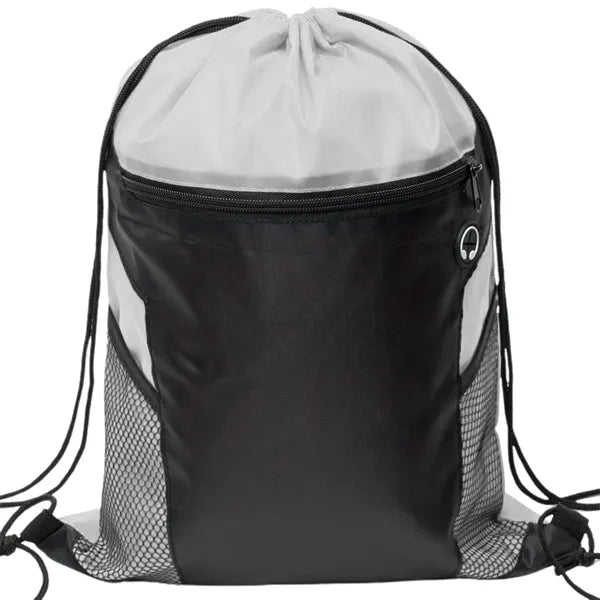 Front Zipper Drawstring Backpack w/ Side Mesh Pocket 14"x18"