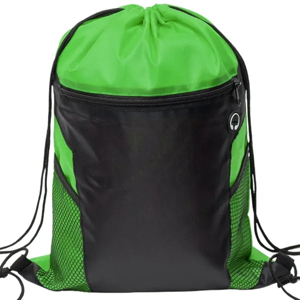 Front Zipper Drawstring Backpack w/ Side Mesh Pocket 14"x18"