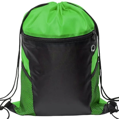 Front Zipper Drawstring Backpack w/ Side Mesh Pocket 14"x18"