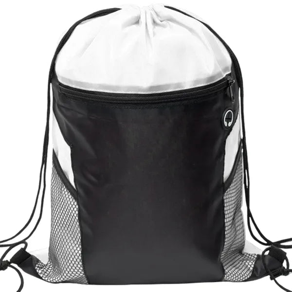 Front Zipper Drawstring Backpack w/ Side Mesh Pocket 14"x18"
