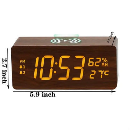Wooden Digital Alarm Clock Wireless Charging