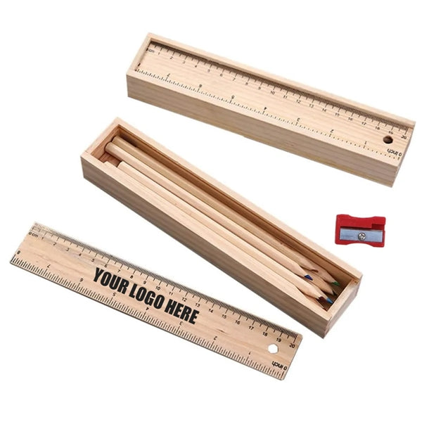 Color Pencils With Wood Box and Ruler