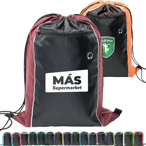 Tri-Color Drawstring Backpack w Earphone Slot & Front Pocket