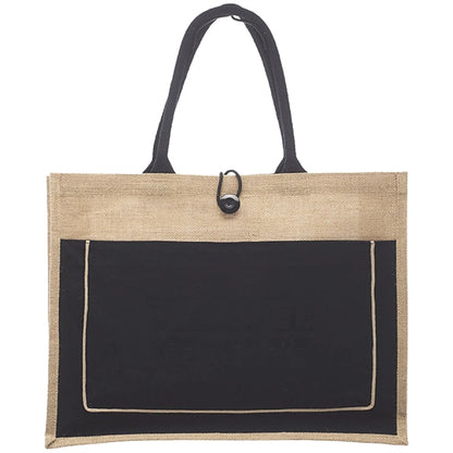Two Tone Jute Tote Bag W/ Front Pocket & Colored Handles