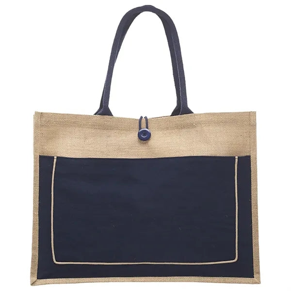 Two Tone Jute Tote Bag W/ Front Pocket & Colored Handles