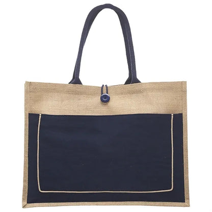 Two Tone Jute Tote Bag W/ Front Pocket & Colored Handles