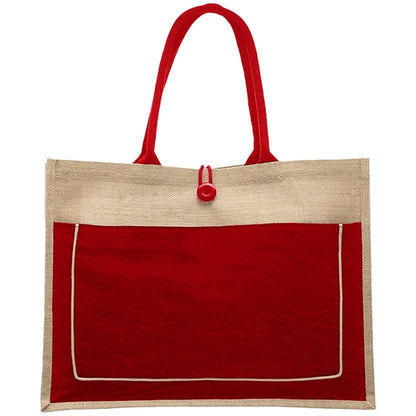 Two Tone Jute Tote Bag W/ Front Pocket & Colored Handles
