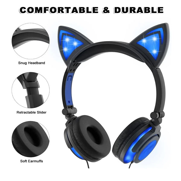 Glowing Cat Ear Wired Headphones for Kids