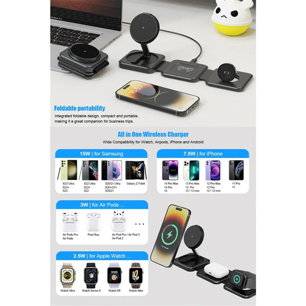 3 In1 Wireless Charging Magnetic Foldable Charger Station