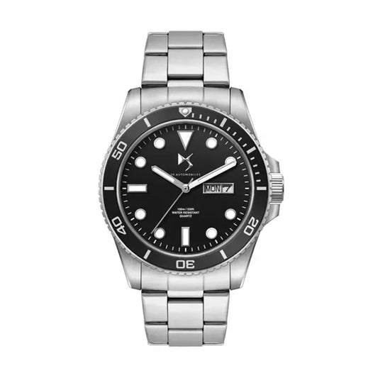 42.5MM, SS, SILVER CASE, BK BEZEL, 3-HAND MVT, DAY-DTE