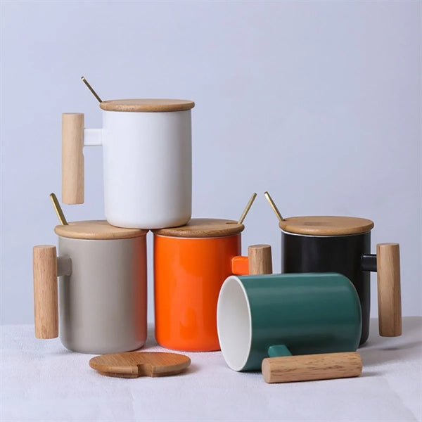 Ceramic Mug With Lid And Wooden Handle