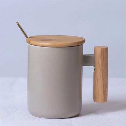 Ceramic Mug With Lid And Wooden Handle
