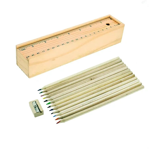 Color Pencil Wood Box With Slide Lid And Ruler