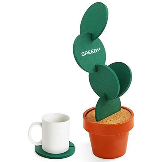 Cactus Coasters Set of 6 with Pot Shaped Holder
