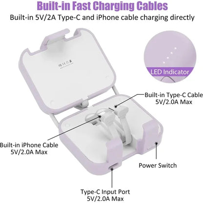 Mini Phone Charger 4000mAh Cute Power Bank Built in Cable