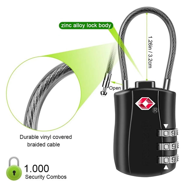 TSA Approved Luggage Locks Cable 3-Digit Code Padlocks