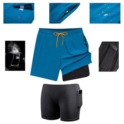 2 in1 Man Swim Trunks Quick-Dry Beach Shorts with Pockets