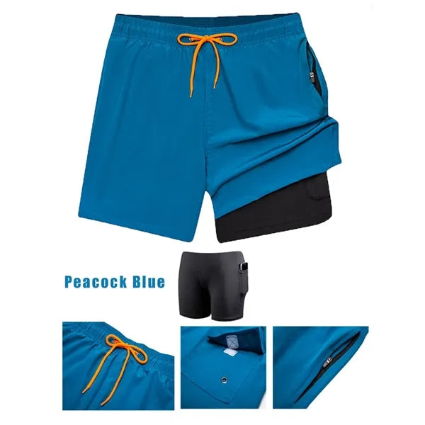 2 in1 Man Swim Trunks Quick-Dry Beach Shorts with Pockets