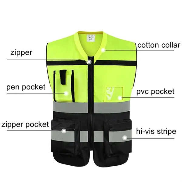 Zipper Safety Vest with Reflective Hi-Vis Strips