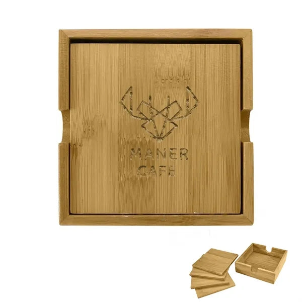 Set of 4 Bamboo Wood Coasters with Holder