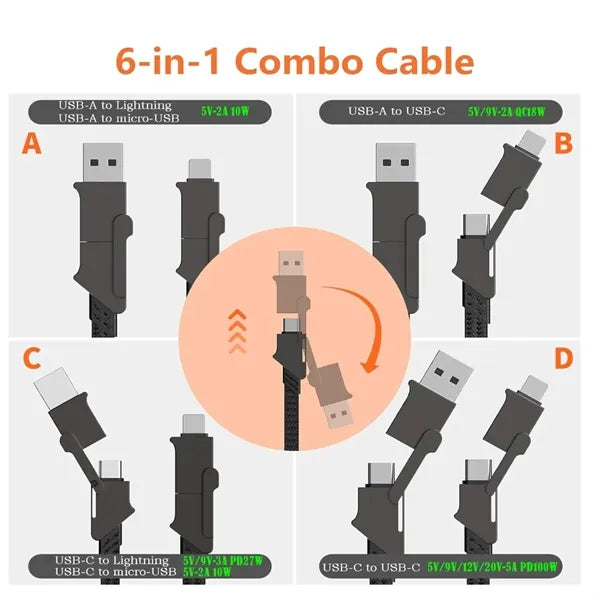 Braided Flat Wire 6-In-1 Multi Charging Cord
