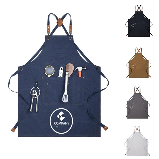 Canvas Cross Back Apron with Adjustable Strap and Large Pock