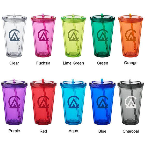 Double Wall Plastic Tumbler - with Straw, 16 oz.