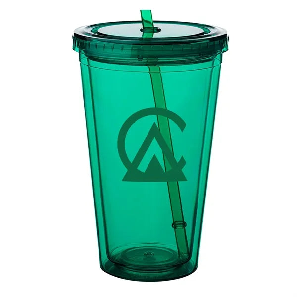 Double Wall Plastic Tumbler - with Straw, 16 oz.