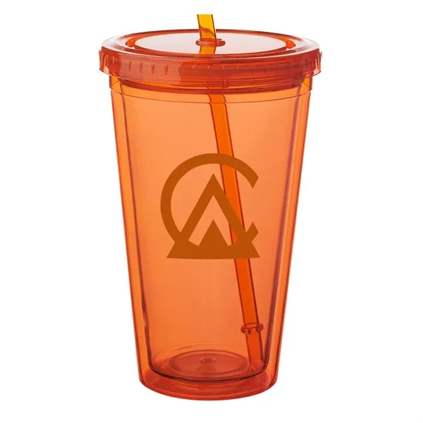 Double Wall Plastic Tumbler - with Straw, 16 oz.
