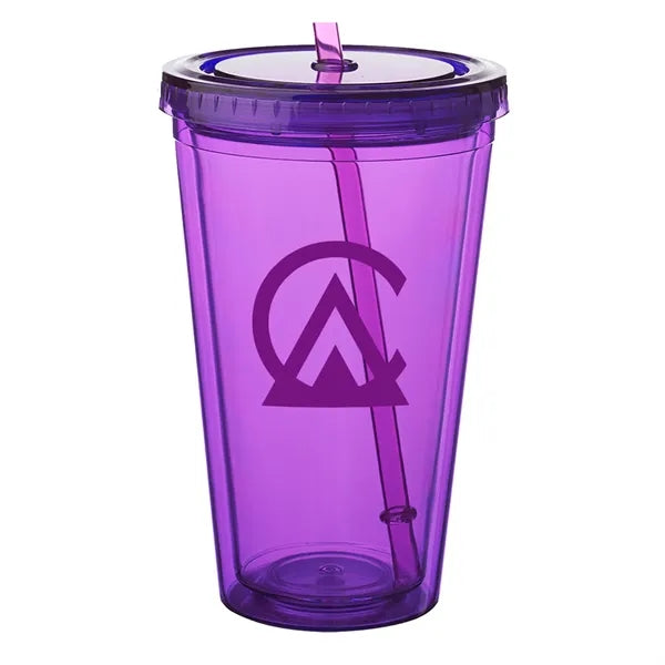 Double Wall Plastic Tumbler - with Straw, 16 oz.