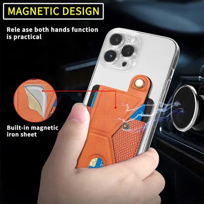 Magnetic Leather Phone Card Holder Grip Case