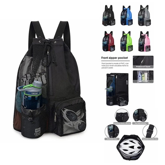 Swim Mesh Beach Drawstring Backpack Bag with Pocket