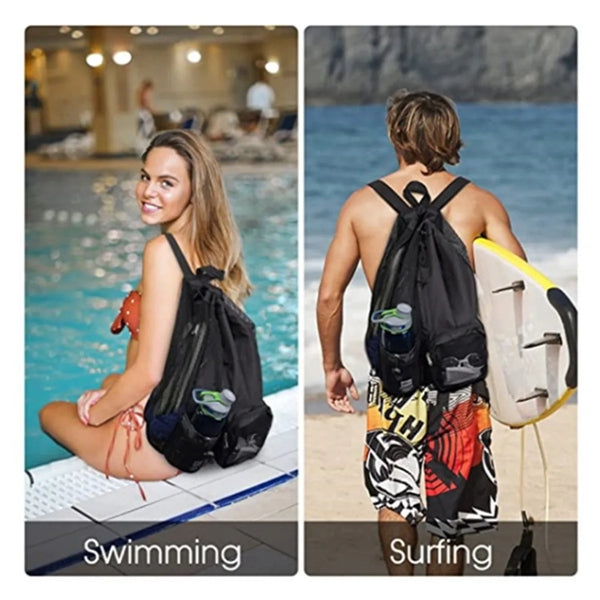 Swim Mesh Beach Drawstring Backpack Bag with Pocket