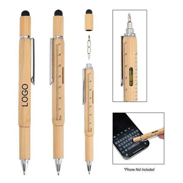 6 in 1 Multifunctional Bamboo Wood Ballpoint Pen