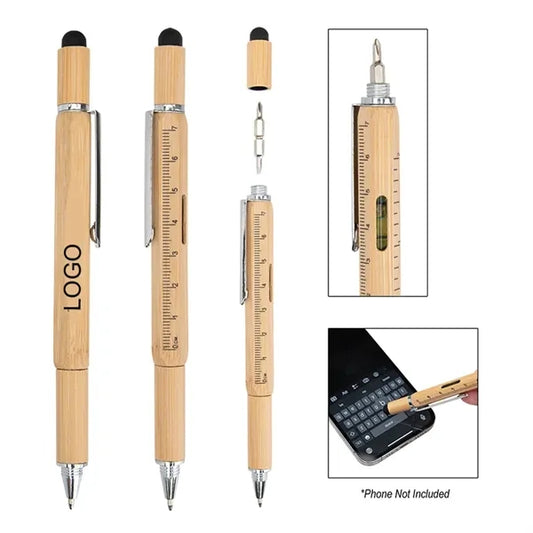 6 in 1 Multifunctional Bamboo Wood Ballpoint Pen