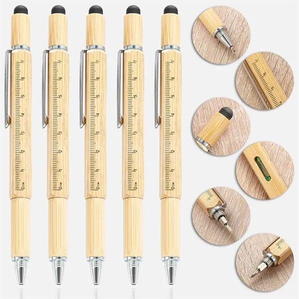 6 in 1 Multifunctional Bamboo Wood Ballpoint Pen