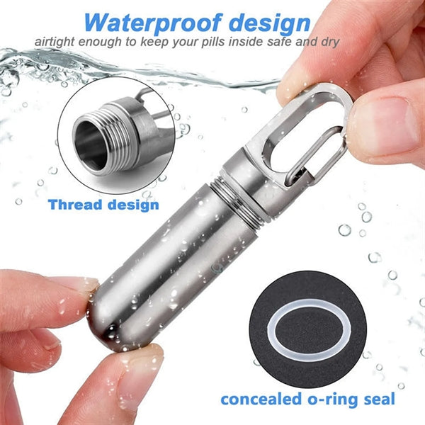Stainless Steel Pill Holder with Carabiner Style Clip