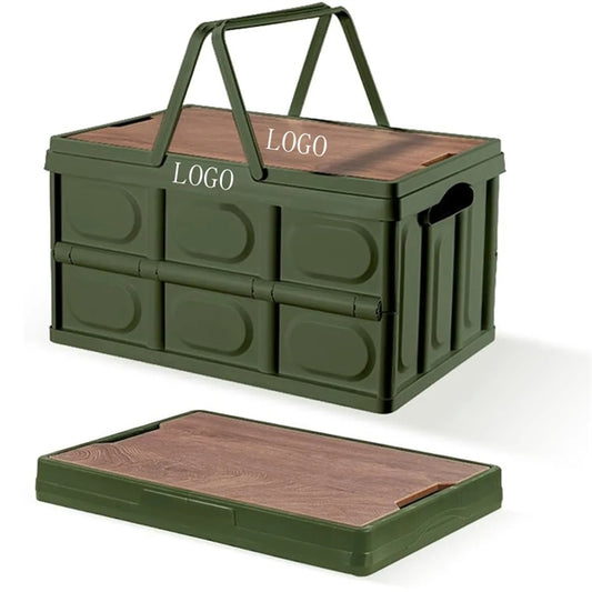 Collapsible Storage Bin Basket Box with Handle Wooden Lid