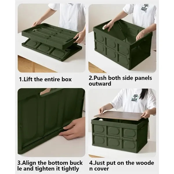 Collapsible Storage Bin Basket Box with Handle Wooden Lid