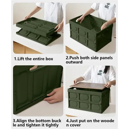 Collapsible Storage Bin Basket Box with Handle Wooden Lid
