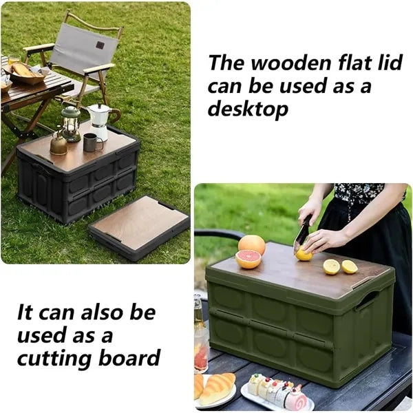 Collapsible Storage Bin Basket Box with Handle Wooden Lid